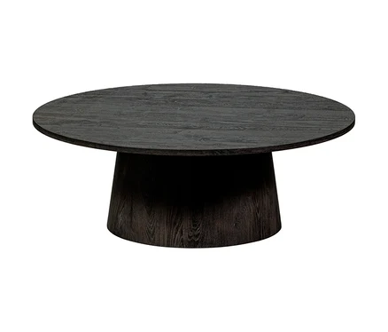 Runder, dunkelbrauner Couchtisch aus Holz mit konischem Sockel.