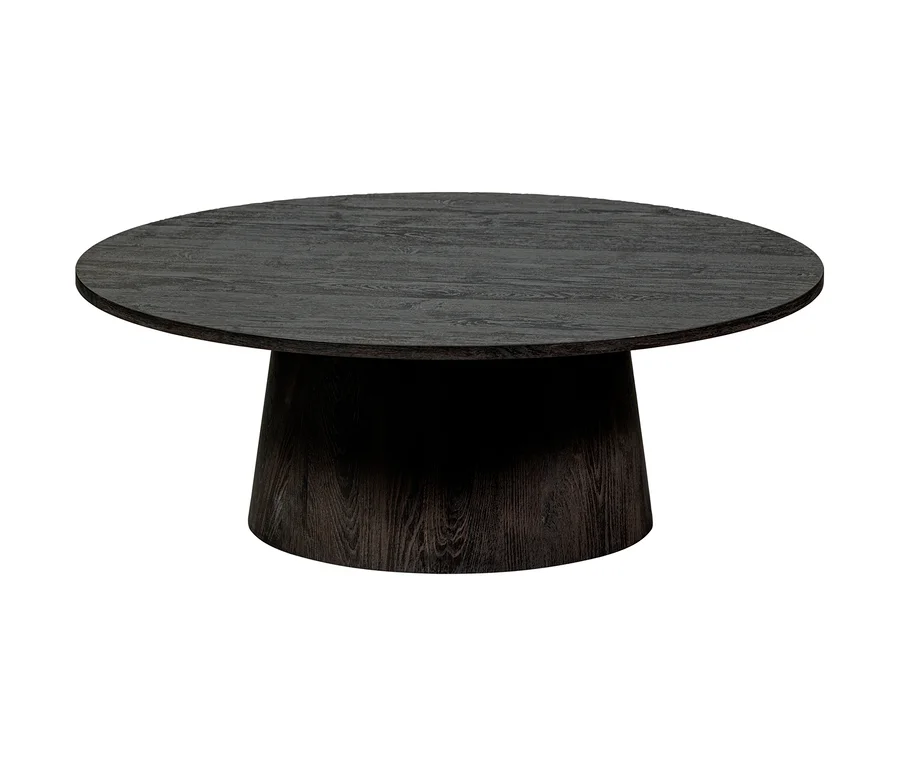 Runder, dunkelbrauner Couchtisch aus Holz mit konischem Sockel.