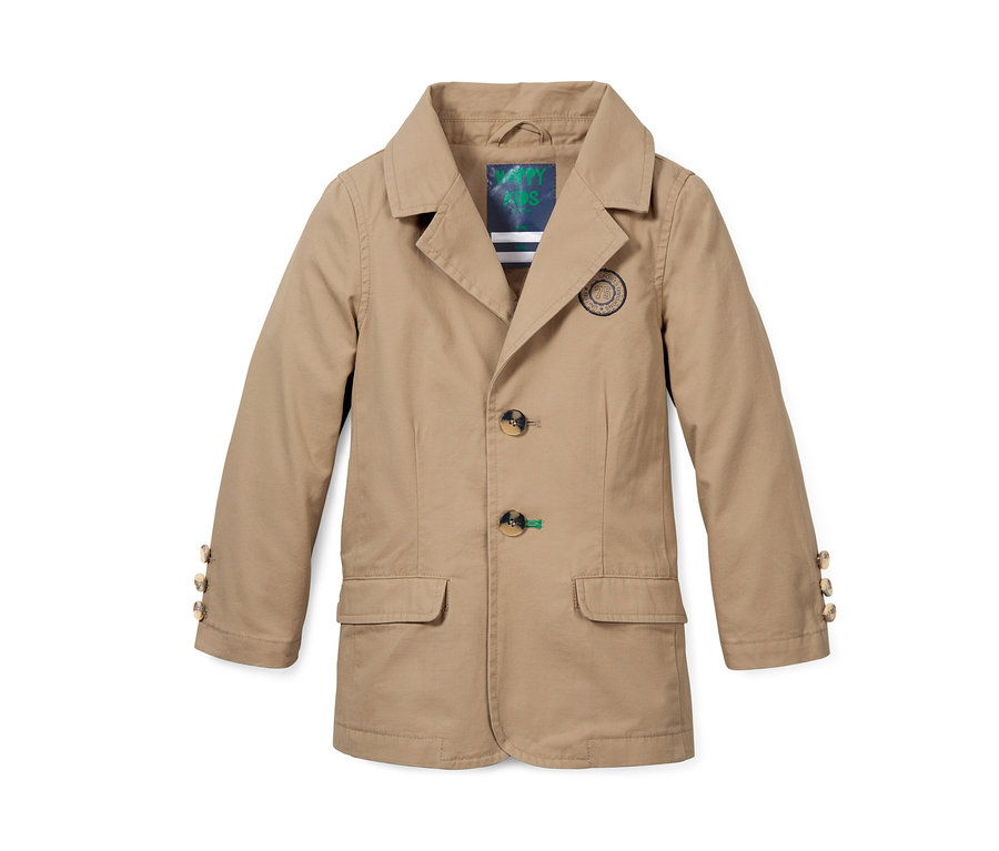 Ein beige Sakko mit drei Knöpfen und zwei Taschen.