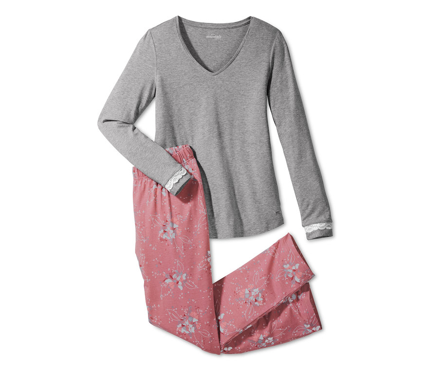 Grauer Pyjama mit langen Ärmeln und rosafarbene Blumenhose.