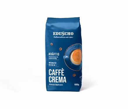 Blauer Beutel Eduscho Caffè Crema Kräftig mit 1 kg ganzen Kaffeebohnen, darauf eine Kaffeetasse und Bohnen abgebildet.