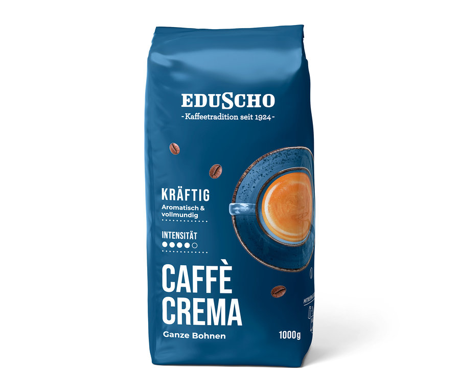 Blaue Eduscho Caffè Crema Kräftig 1 kg Ganze Bohne Kaffeepackung mit einer blauen Tasse Kaffee und Kaffeebohnen.