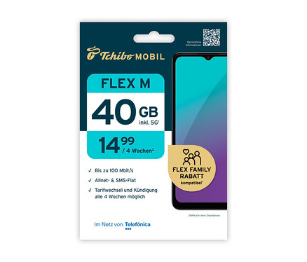 Tchibo Mobil Flex M SIM-Karte mit 40 GB und 5G für 14,99 Euro pro 4 Wochen neben Smartphone-Abbildung.