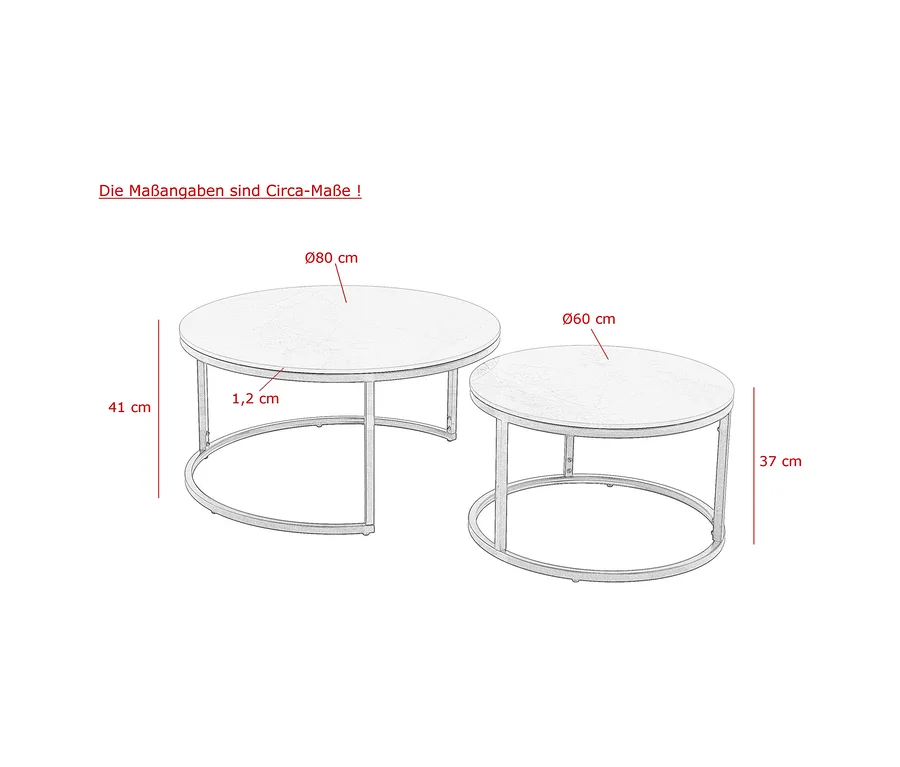Zwei Hela Couchtische »Luis II«, ein größerer (Ø80x41 cm) und ein kleinerer (Ø60x37 cm), mit hellen Platten und dunklen Metallgestellen. Die Maße sind Circa-Maße.