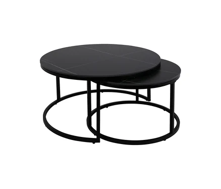 Zwei runde, schwarze Hela Couchtische »Luis II« mit Marmoroptik und schwarzen Metallgestellen, ineinander verschachtelt.