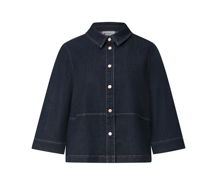 Dunkelblaue Street One Hemdbluse aus Denim mit roségoldenen Knöpfen und Kontrastnähten.