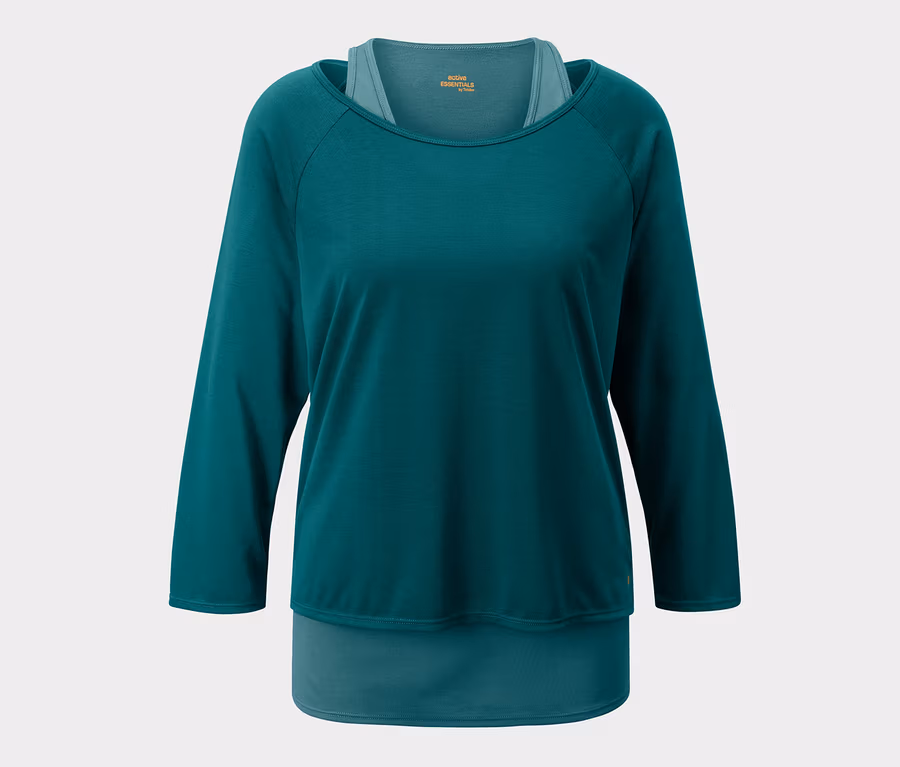 Grünes 2-in-1-Sportshirt mit langen Ärmeln.