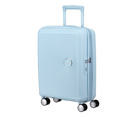 Pastellblauer American Tourister Hartschalen-Koffer Soundbox Spinner, klein, mit ausziehbarem Griff und vier Rollen.