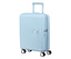 Pastellblauer American Tourister Hartschalen-Koffer Soundbox Spinner, klein, mit ausziehbarem Griff und vier Rollen.