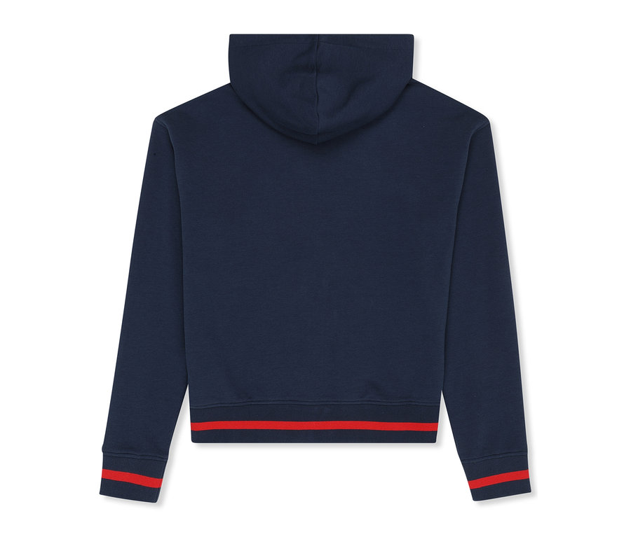 Rückenansicht des dunkelblauen FILA Damen-Hoodies Marlia mit roten Streifen am Saum und an den Ärmelbündchen.