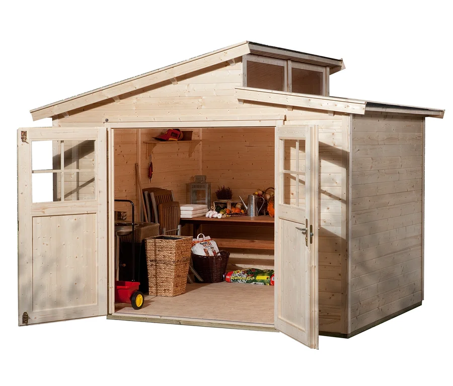 Offenes WEKA-Gartenhaus mit versetztem Satteldach, 327 x 252 x 231 cm, mit diverser Gartenausstattung innen.