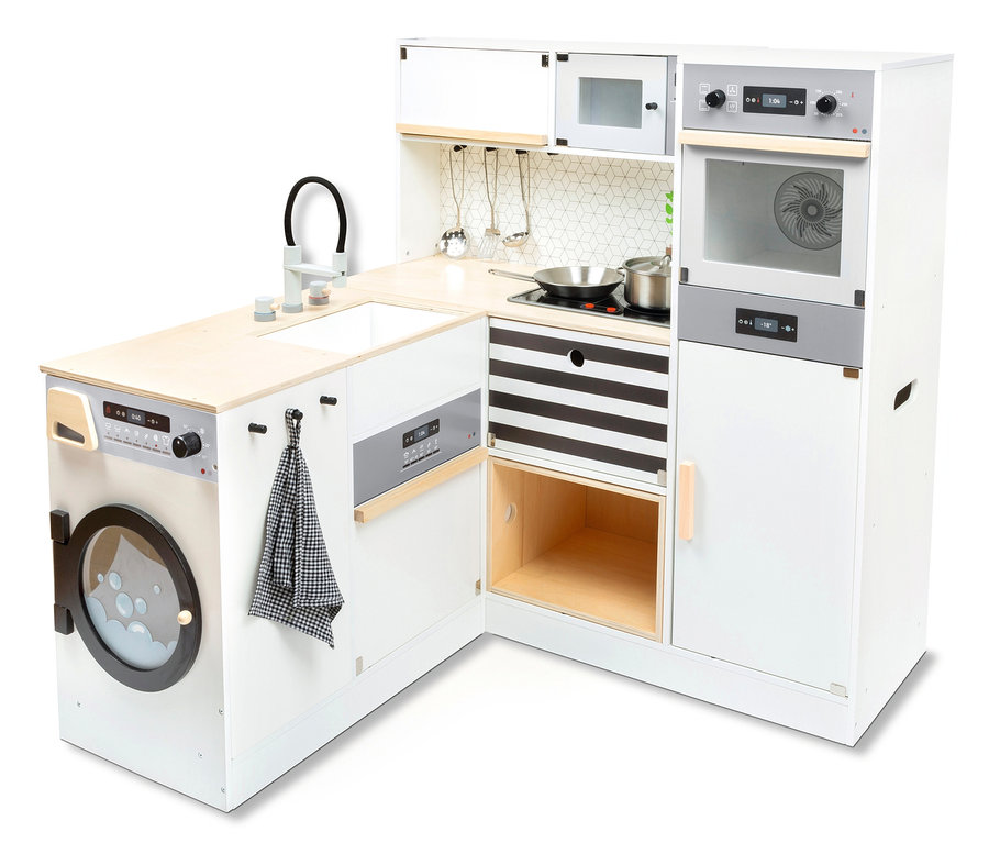 Eine weiße small foot Kinderküche modular XL mit Backofen, Herd, Spülmaschine und Waschmaschine.