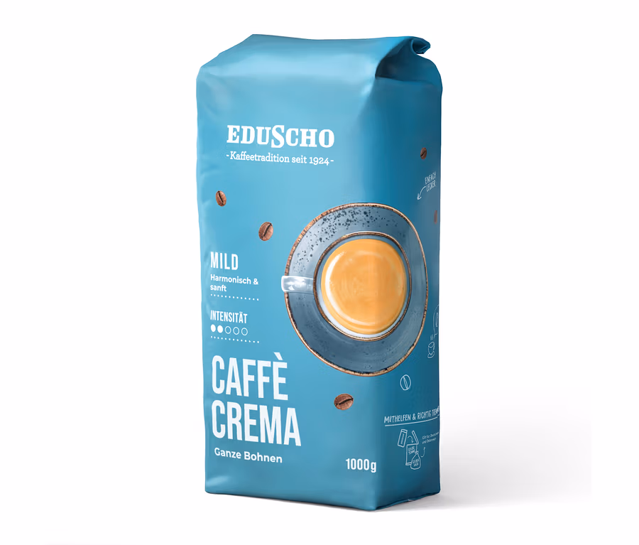 Eine blaue Packung Eduscho Caffè Crema Mild Kaffeebohnen (1 kg) steht aufrecht, mit einem Bild einer Kaffeetasse und Kaffeebohnen.