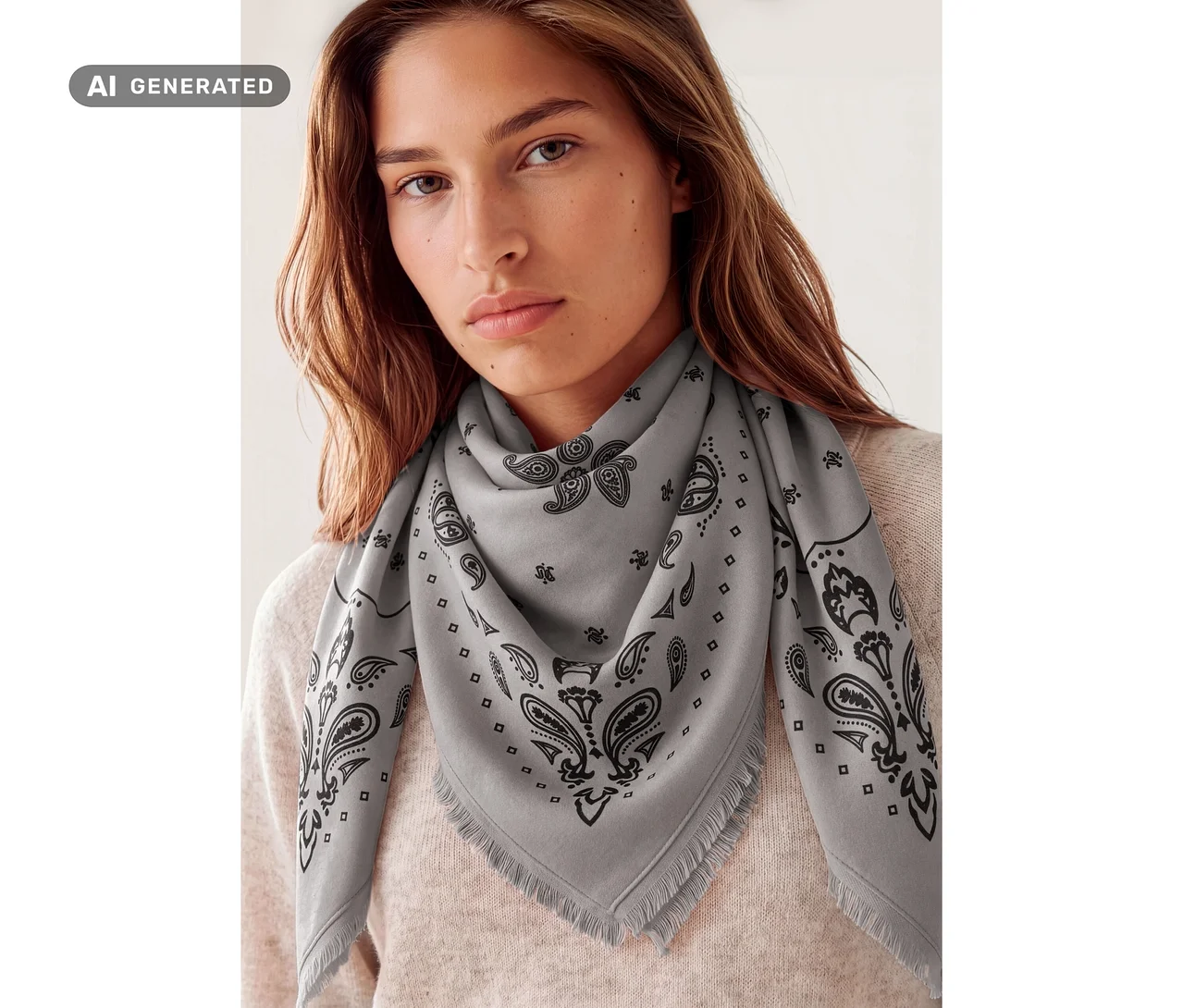 Eine Frau trägt ein großes, graues Strick-Bandana mit Wolle und Kaschmir und schwarzem Paisley-Muster um den Hals, über einem hellen Pullover.