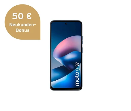 Dunkelblaues Motorola moto g37 5G 128 GB Nautical Blue Smartphone mit abstraktem blau-pinkem Bildschirmhintergrund und einem goldenen "50 € Neukunden-Bonus"-Schild.