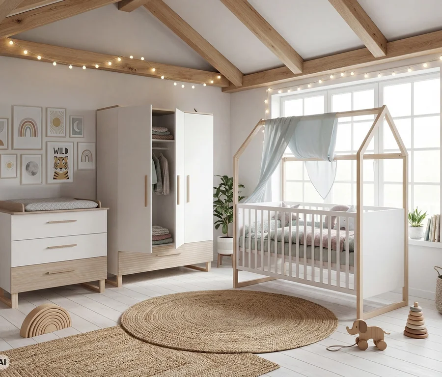 Ein helles Kinderzimmer mit weißen und hellen Holzmöbeln. Links eine Kommode mit Wickelauflage und ein offener Kleiderschrank. Rechts ein Hausbett-Gitterbett mit blauem Betthimmel vor einem Fenster. Lichterketten, eine Bilderwand, Juteteppiche und Holzspielzeug schmücken den Raum.