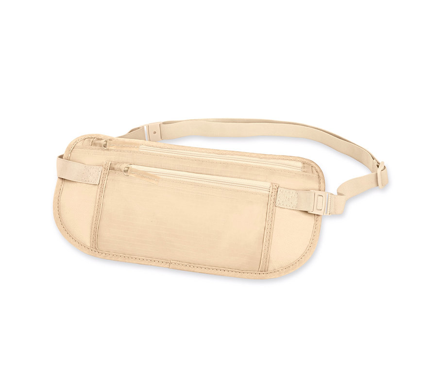 Eine beige Sicherheits-Hüfttasche mit zwei Reißverschlusstaschen.