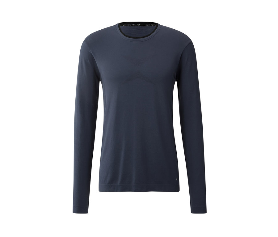 Dunkelblaues Klima-Tec-Funktionsshirt mit langen Ärmeln auf weißem Hintergrund.