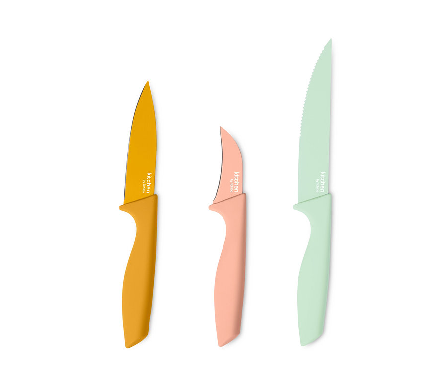 Gelbes, rosa und grünes 3 Küchenmesser Set.