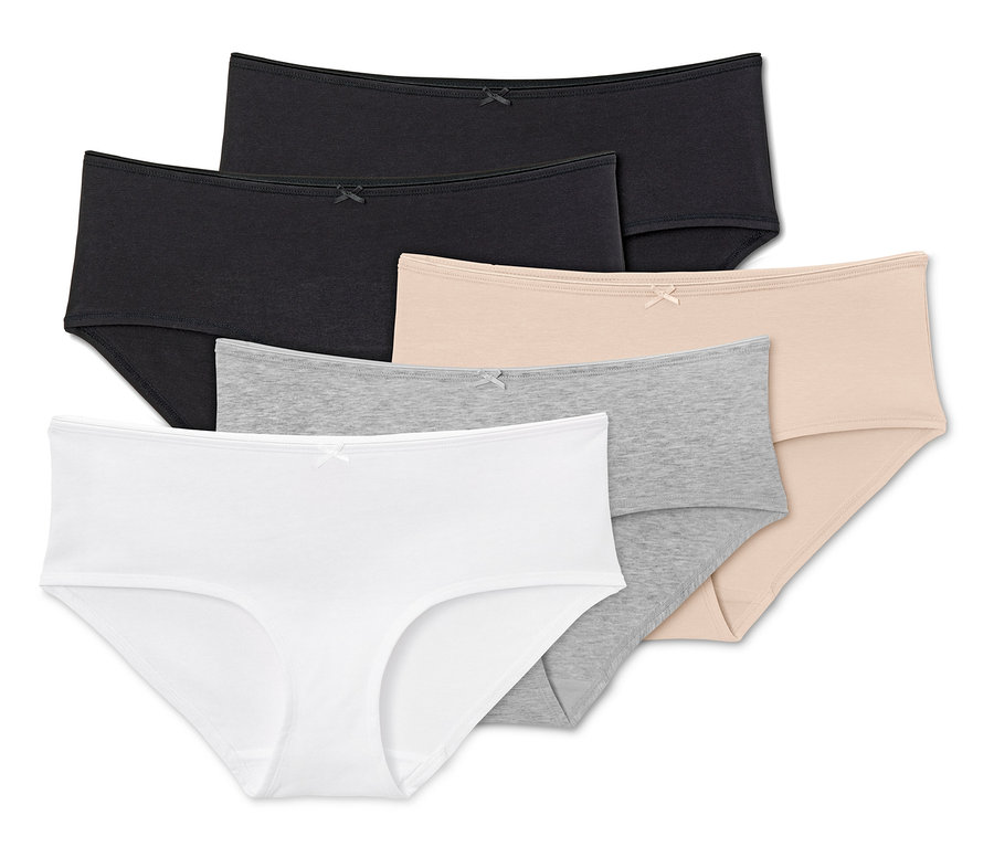 Fünf Pantys in Schwarz, Grau, Weiß und Nude.