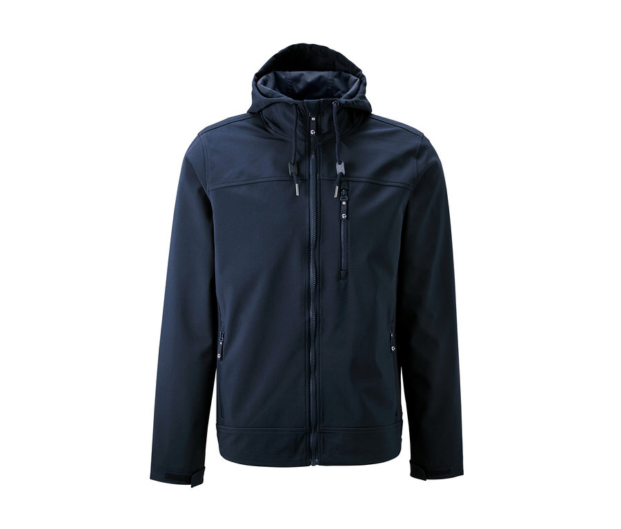 Dunkelblaue Softshelljacke mit Reißverschluss und Kapuze.