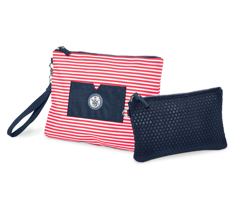 Ein Taschen-Set, bestehend aus einer rot-weiß gestreiften Tasche und einer dunkelblauen Tasche.