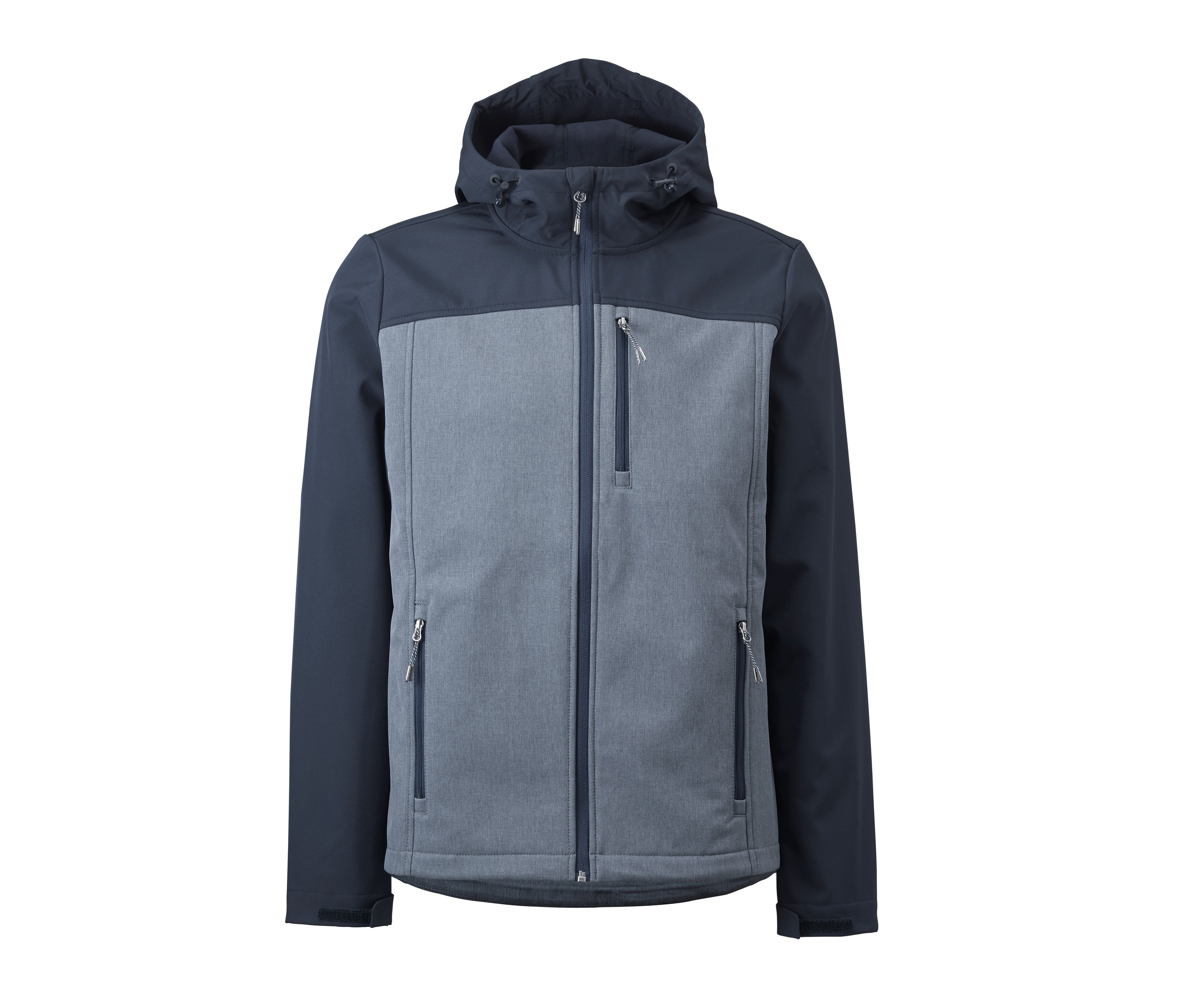 Graue Softshelljacke mit dunkelblauen Schultern und Kapuze.