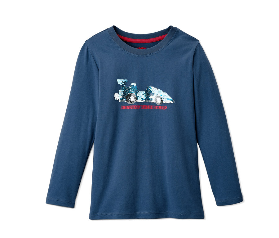 Blaues Langarmshirt mit Wendepailletten.