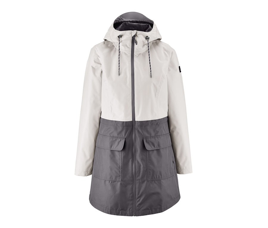 Ein weißer und grauer Funktionsparka.