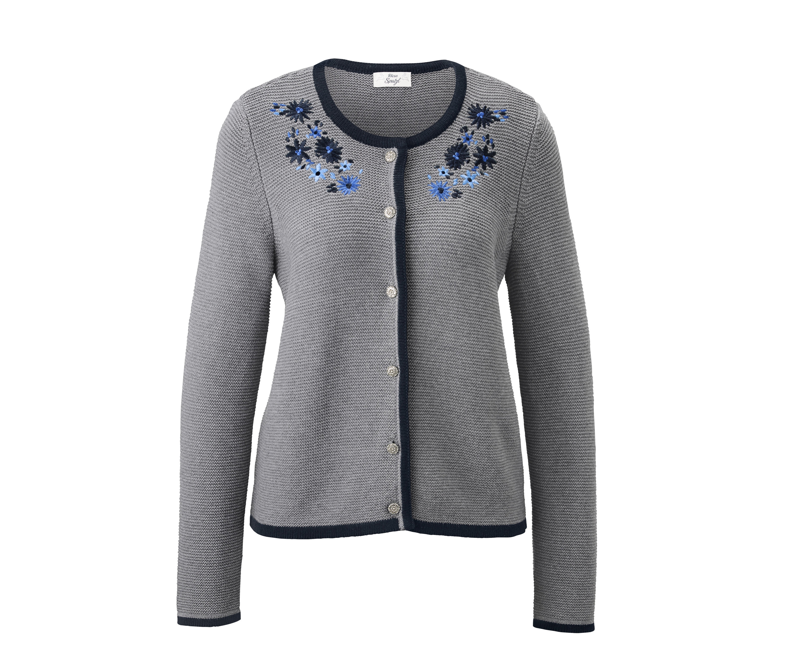 Graue Trachten-Strickjacke mit blauen Blumen und dunkelblauer Borte.