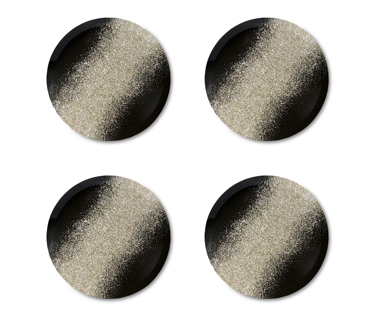 Vier dekorative Glasuntersetzer mit Glitzerdesign.