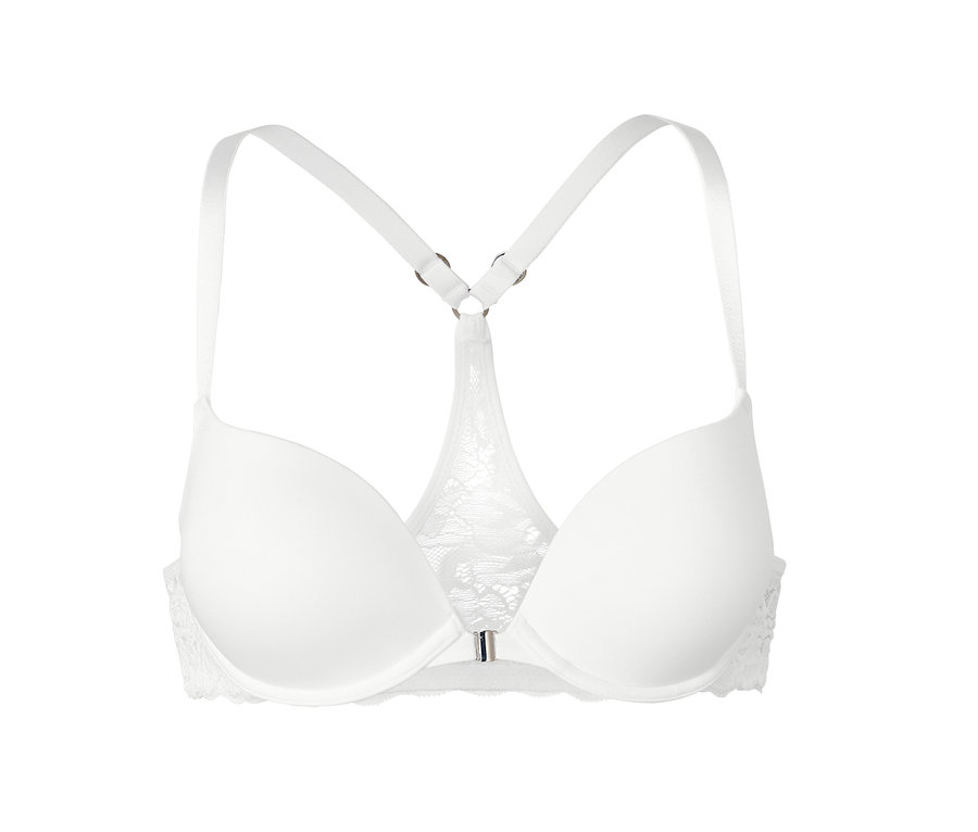 Detailansicht von einem weißen Push-up-BH mit Ringerrücken.