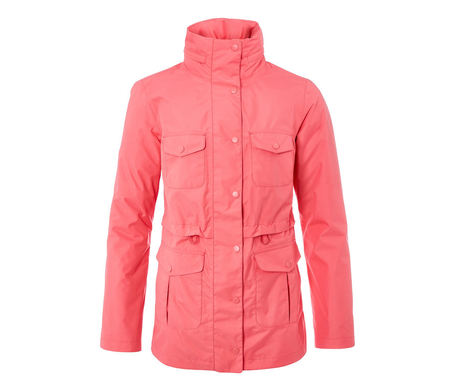 Pinke Funktions-Regenjacke mit Taschen.