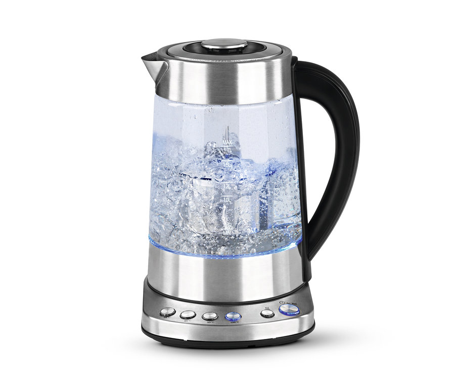 Tee- und Wasserkocher mit 1,7-l-Glaskanne und Teesieb.