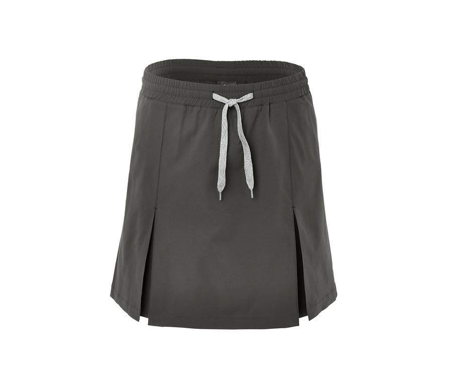 Khakifarbener Softshell-Funktionsrock mit grauem Kordelzug.
