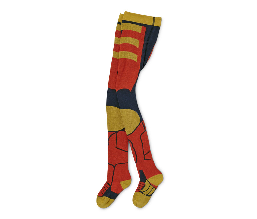 Rot-gelb-blaue Skistrumpfhose.