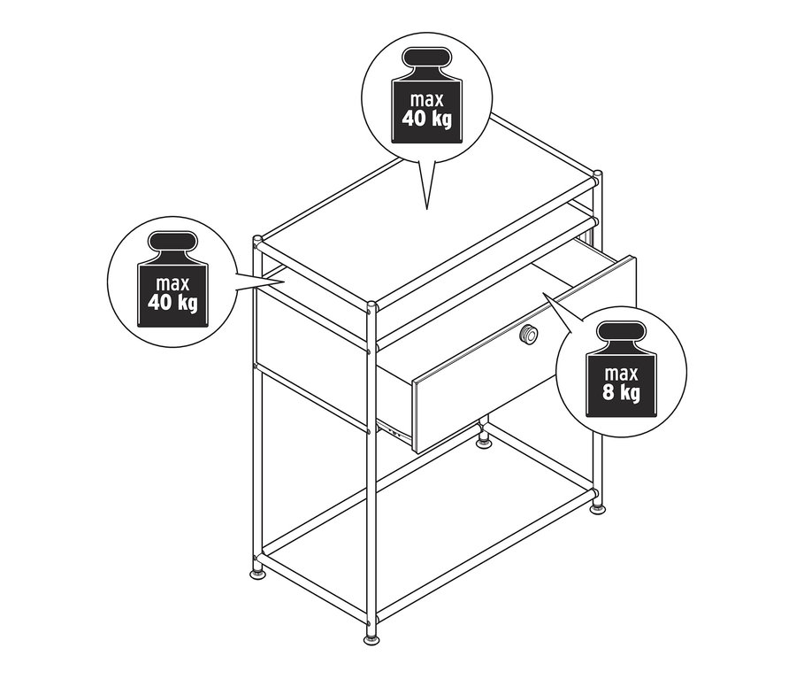 Zeichnung einer Konsole Metall »CN3« mit Schublade. Maximale Traglast der Ober- und Ablagefläche beträgt 40 kg, die der Schublade 8 kg.