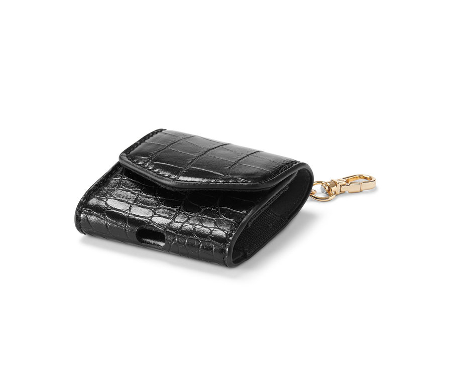 Eine schwarze Kopfhörer-Tasche mit Krokodilmuster.