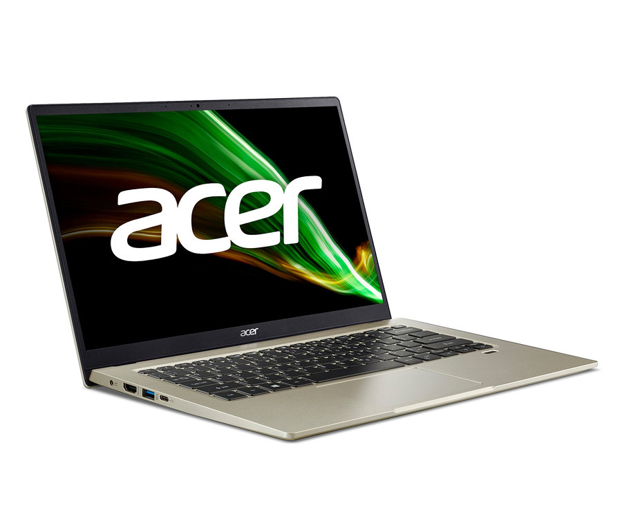Ein geöffnetes, goldenes Acer Swift 1 Notebook ist abgebildet.
