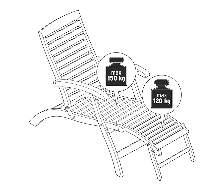 Skizze von naturfarbenem und grauem Deckchair »Lenja« und Deckchair mit Polsterauflage mit maximaler Belastbarkeit von 150 kg und 120 kg.