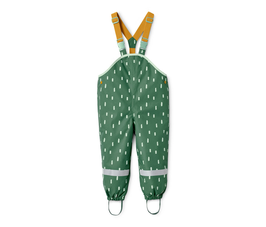 Grüne Regenhose aus recyceltem Material mit weißem Muster und gelben Trägern.