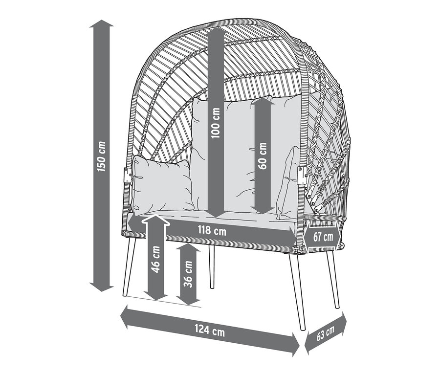 Illustration einer Bank mit geflochtenem Dach und Abmessungen.
