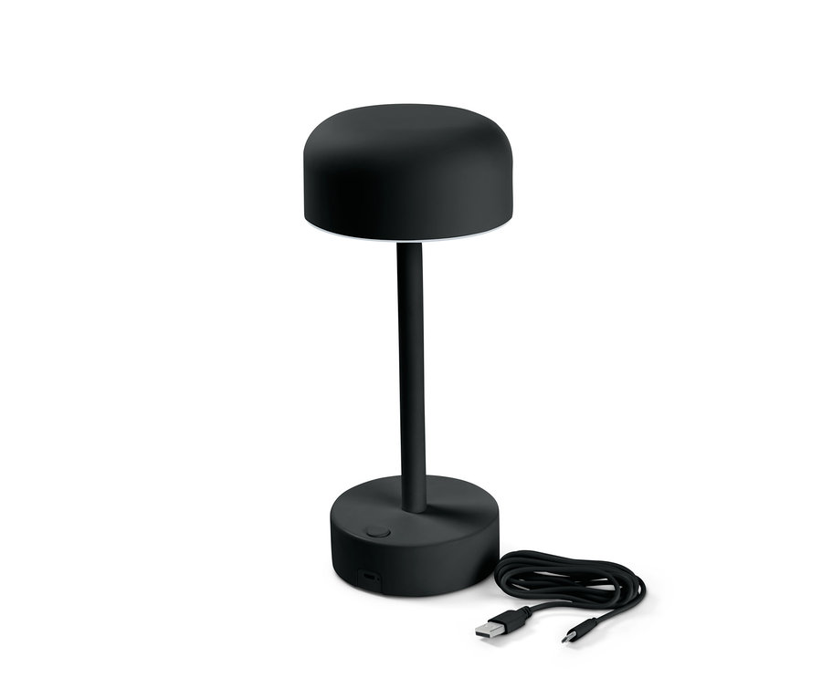 Schwarze LED-Akku-Tischleuchte.