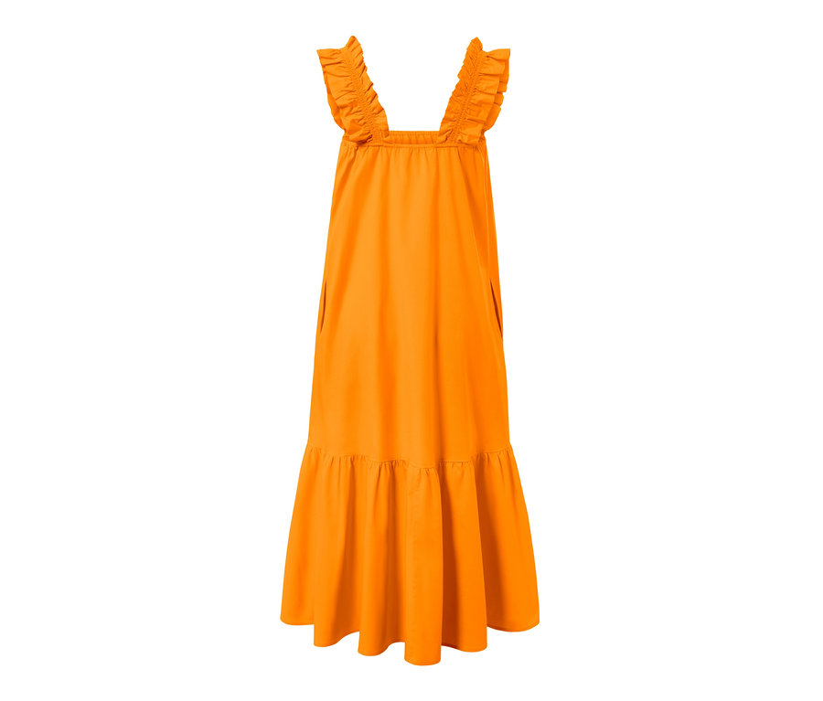 Orangefarbenes Popeline-Kleid mit Rüschen an den Trägern.