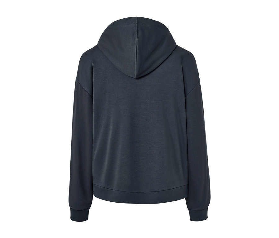 Rückansicht eines marineblauen Piqué-Loungesweaters mit Kapuze.