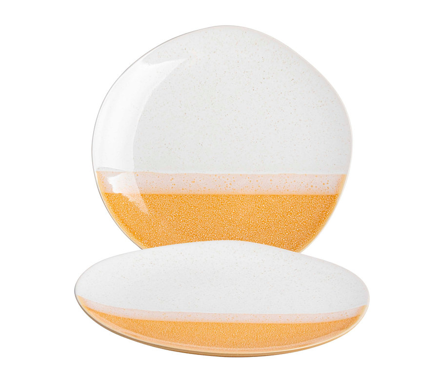Zwei weiße Teller mit goldbraunem Streifen unten.