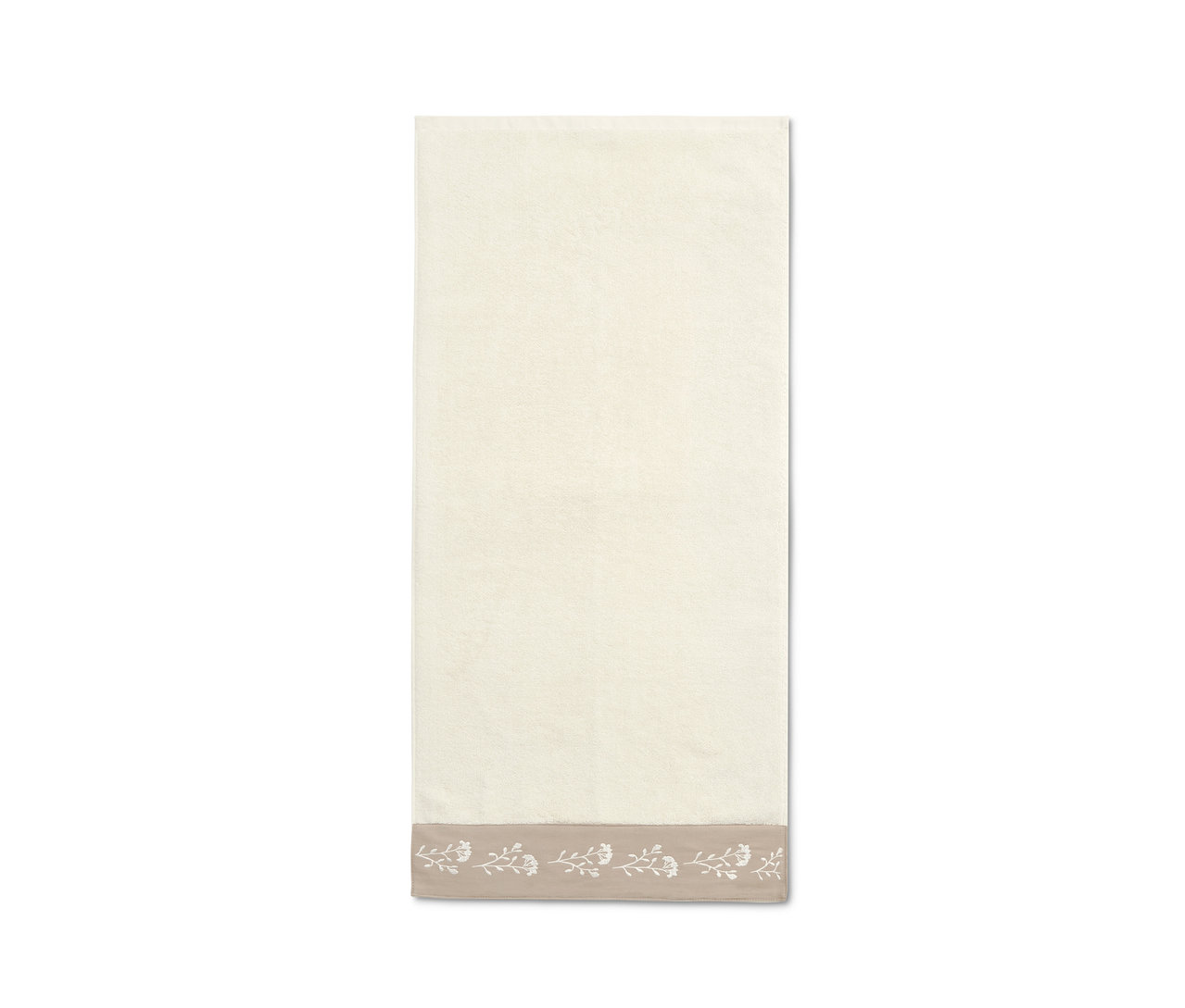 Beiges Premium-Handtuch mit floralem Rand.