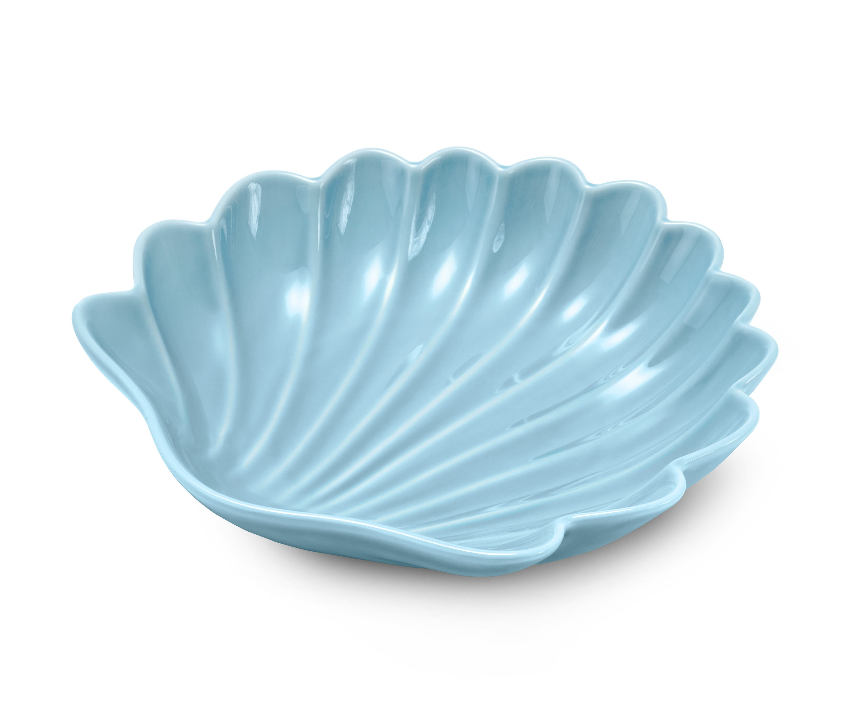 Hellblaue Schale in Muschelform.