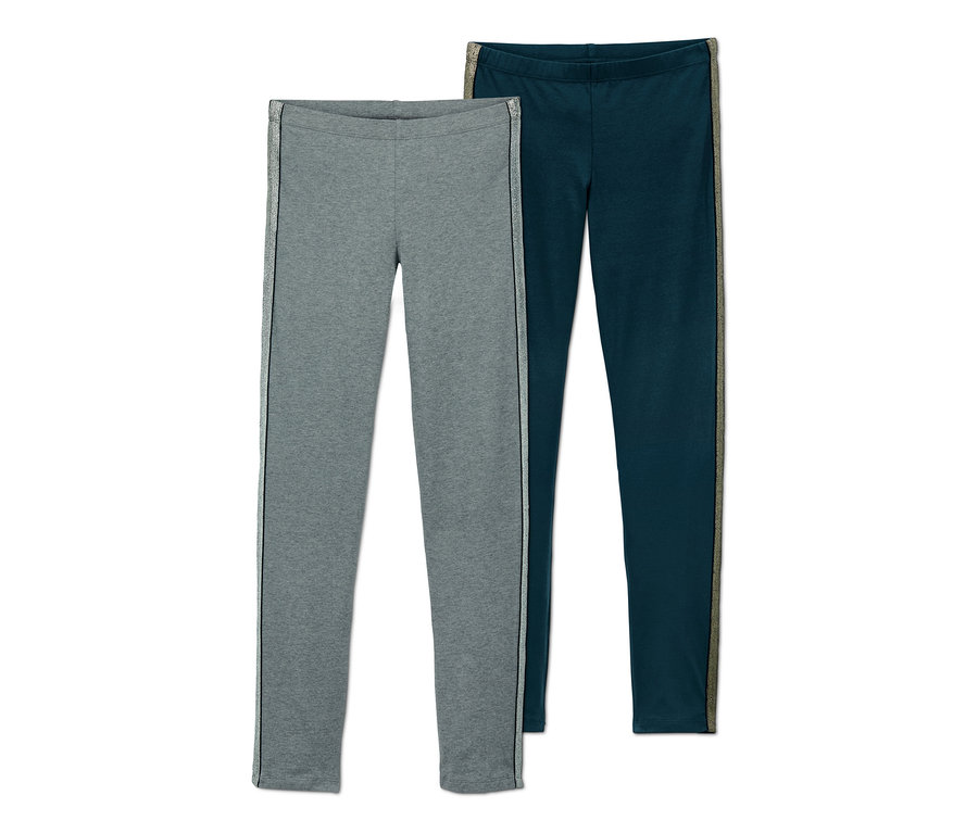 Zwei Leggings: eine graue und eine dunkelblaue, jeweils mit einem Streifen an der Seite.
