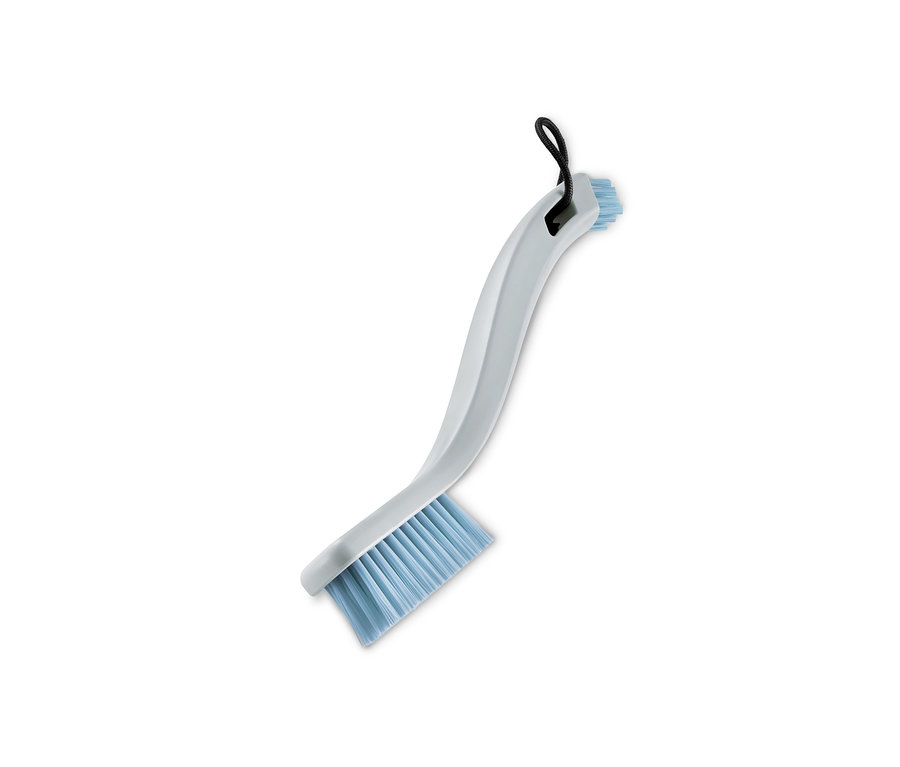 Eine 2-in-1-Grobschmutz-Schuhreinigungsbürste mit blauen Borsten und grauem Griff.